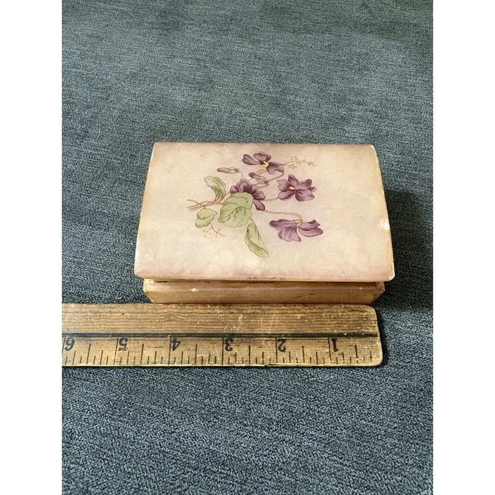 Vintage‎ Italian Pink Alabaster Jewelry Trinket Box Painted Floral Lid Italy